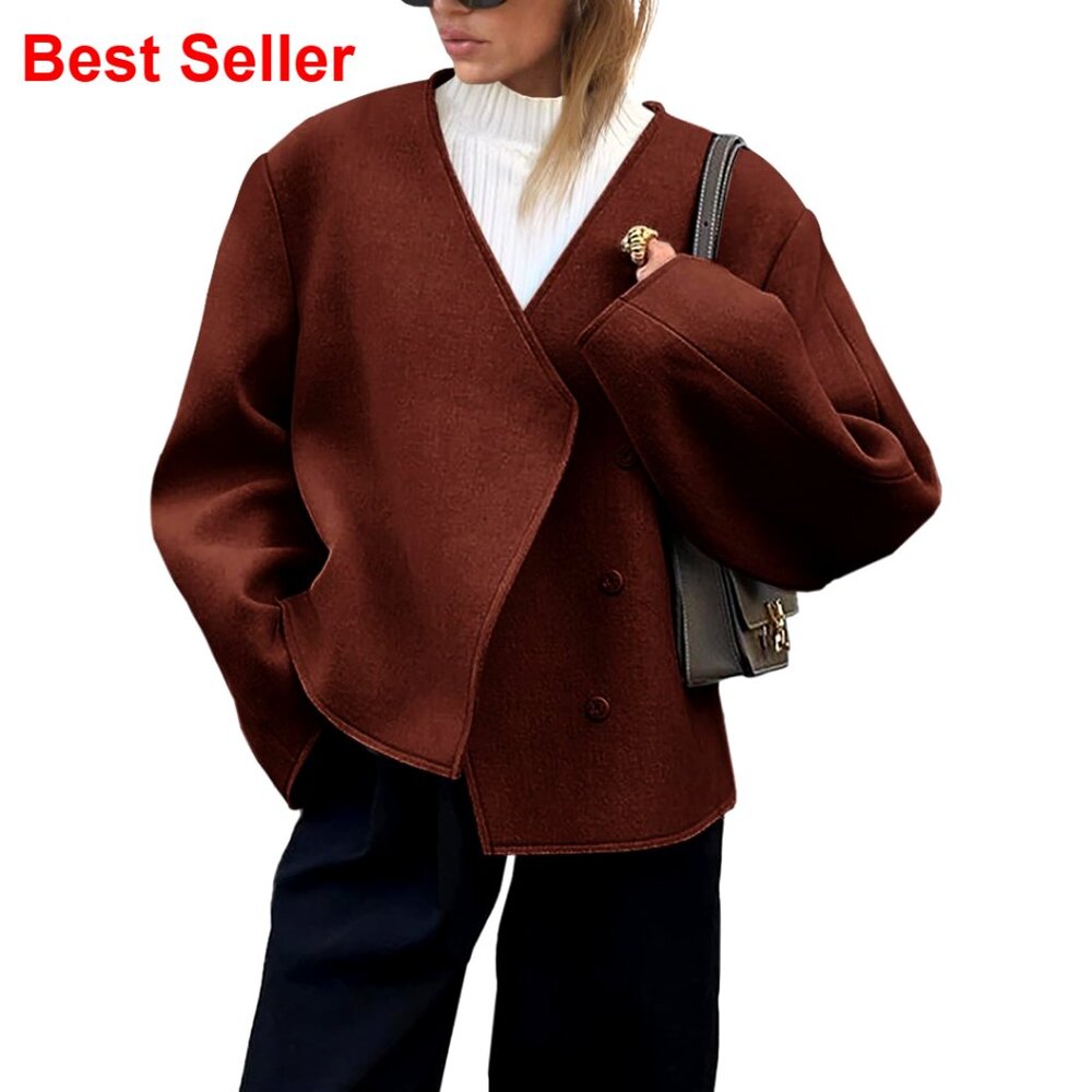 Cropped Wool Pea Coat V-Neck Single Breasted Outerwear Polyester Blend